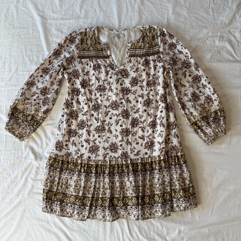 Loft boho floral mini dress L white brown green long sleeve cottagecore